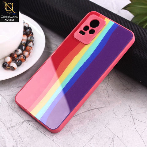 Vivo V21e Cover - Red - New Infinity Rainbow Series Back tempered Glass Soft Borders Case With Camera Protection