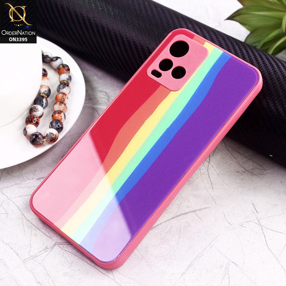 Vivo Y21a Cover - Red - New Infinity Rainbow Series Back tempered Glass Soft Borders Case With Camera Protection