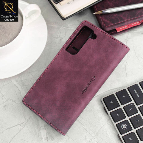 Samsung Galaxy S22 Plus 5G Cover - Maroon - Caseme Luxury Retro Magnetic Flip Wallet Leather Soft Case