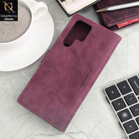 Samsung Galaxy S22 Ultra 5G Cover - Maroon - Caseme Luxury Retro Magnetic Flip Wallet Leather Soft Case