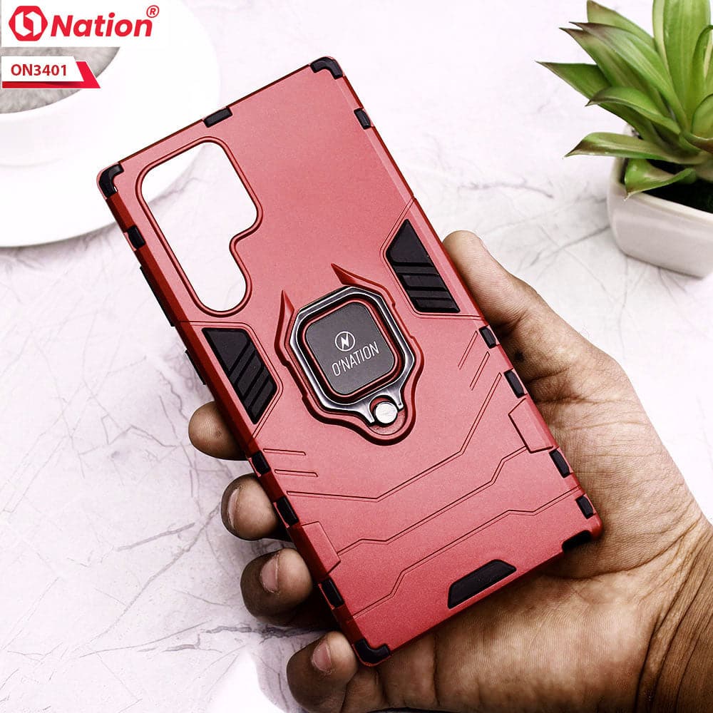 Samsung Galaxy S22 Ultra 5G Cover - Red - Onation Hybrid Series 360 Rotating Ring Holder Shock Proof Protective Soft Case