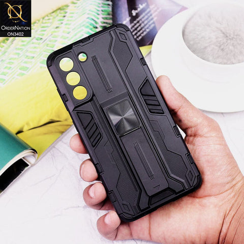 Samsung Galaxy S21 FE 5G Cover - Black - O Nation Hybrid Series Soft Borders Semi Hard Back Shock Proof Camera Protection Kick Stand Case