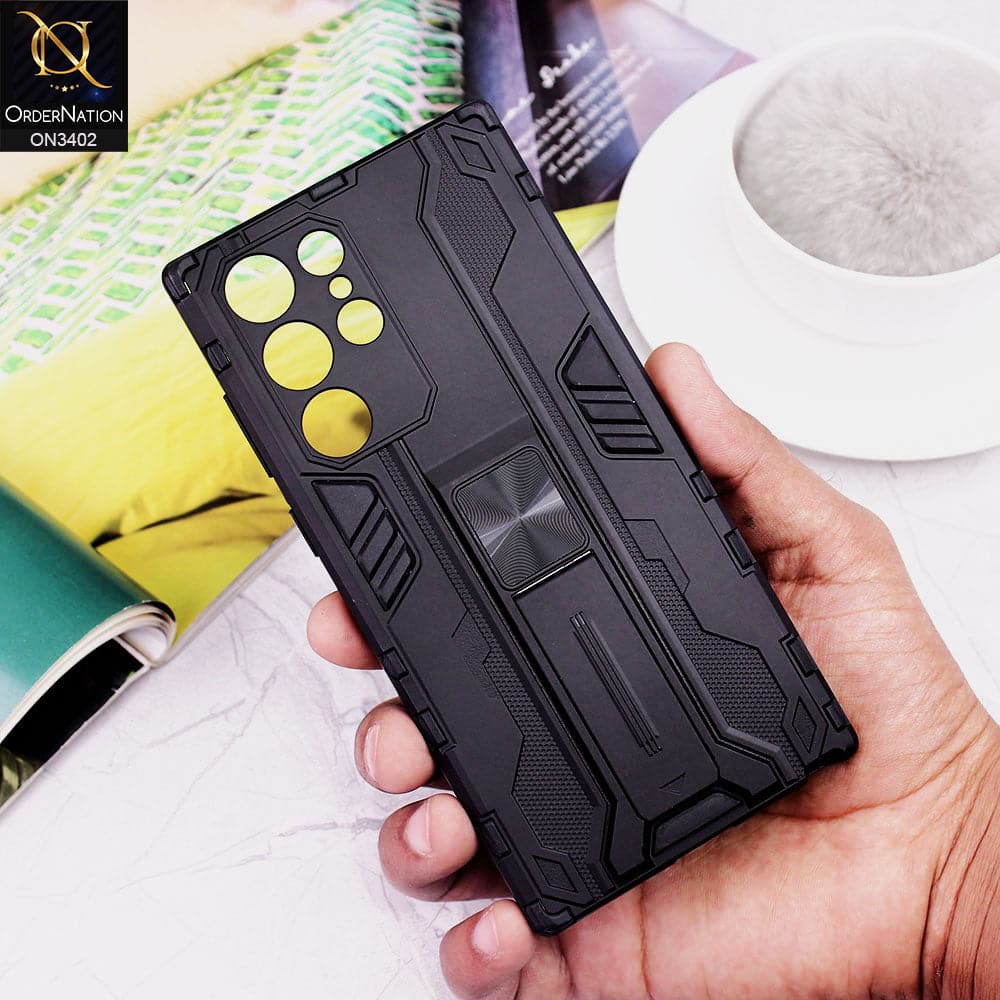 Samsung Galaxy S22 Ultra 5G Cover - Black - O Nation Hybrid Series Soft Borders Semi Hard Back Shock Proof Camera Protection Kick Stand Case
