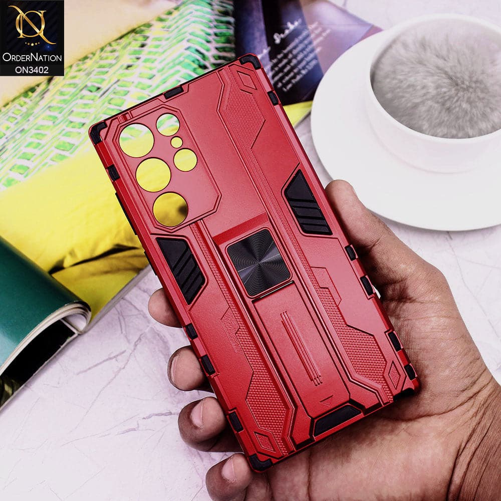 Samsung Galaxy S22 Ultra 5G Cover - Red - O Nation Hybrid Series Soft Borders Semi Hard Back Shock Proof Camera Protection Kick Stand Case