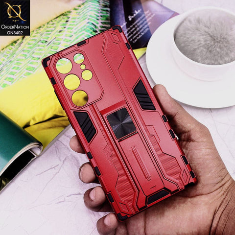 Samsung Galaxy S22 Ultra 5G Cover - Red - O Nation Hybrid Series Soft Borders Semi Hard Back Shock Proof Camera Protection Kick Stand Case