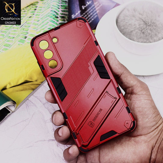 Samsung Galaxy S21 FE 5G Cover - Red - O Nation Hybrid Series Soft Borders Semi Hard Back Shock Proof Bumper Kick Stand Case with Camera Protection