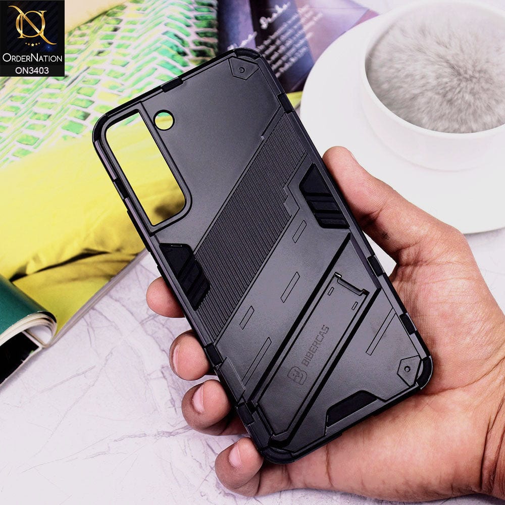 Samsung Galaxy S22 5G Cover - Black - O Nation Hybrid Series Soft Borders Semi Hard Back Shock Proof Bumper Kick Stand Case with Camera Protection