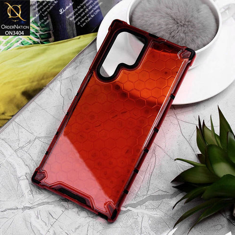 Samsung Galaxy S22 Ultra 5G Cover - Red - Onation Hybrid Series Soft Borders Hive Shell Semi Transparent Back TPU Protective Case
