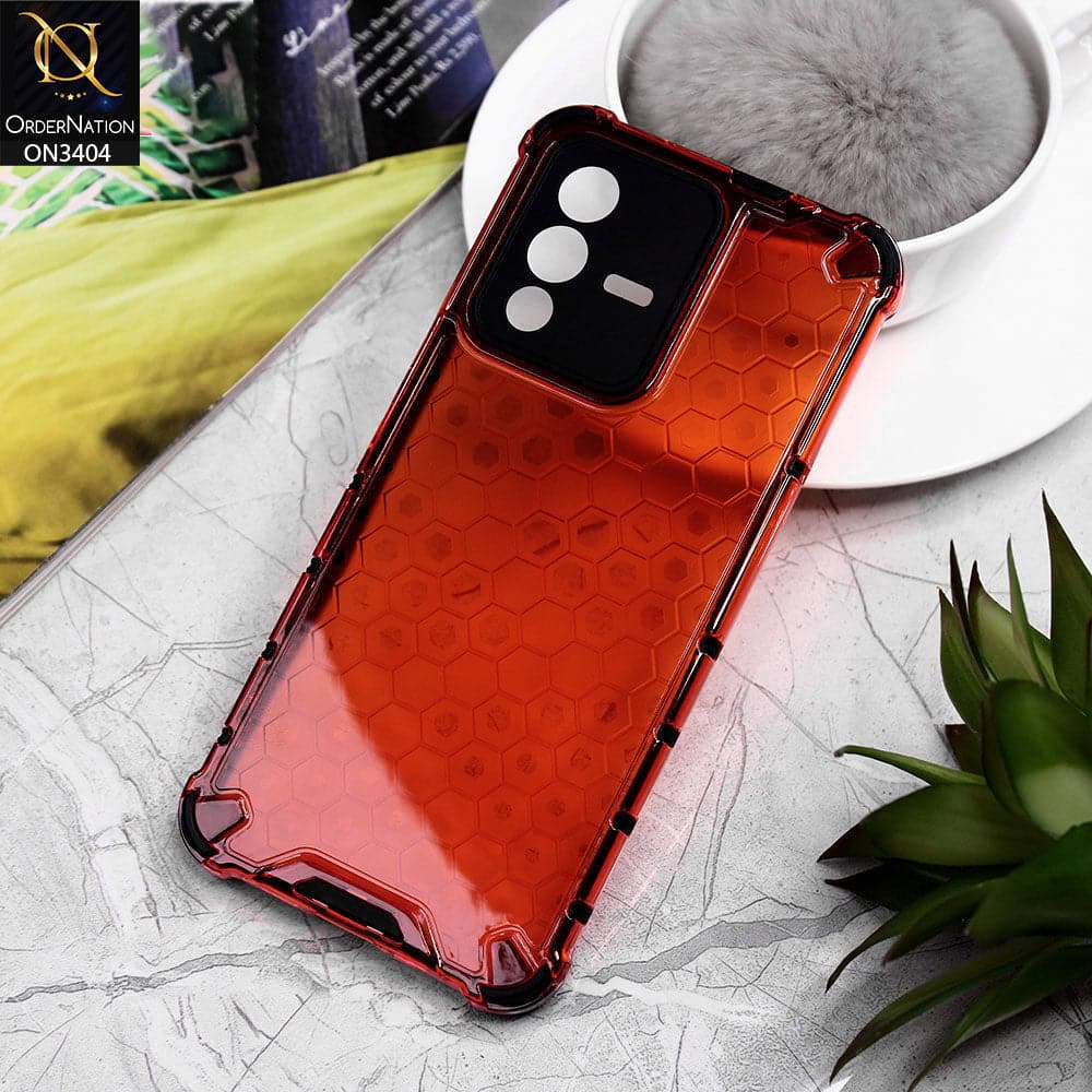 Vivo V23 5G Cover - Red - Onation Hybrid Series Soft Borders Hive Shell Semi Transparent Back TPU Protective Case