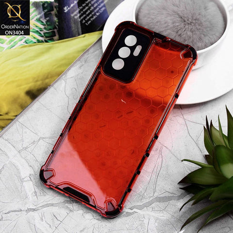 Vivo V23e Cover - Red - Onation Hybrid Series Soft Borders Hive Shell Semi Transparent Back TPU Protective Case