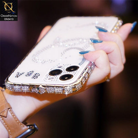 iPhone 13 Pro Max Cover - White - Bling Diamond Rhinestone Crystal Metal Bumper Frame Edge Protective Case with Shiny Sparkle Glitter Semi Soft Back