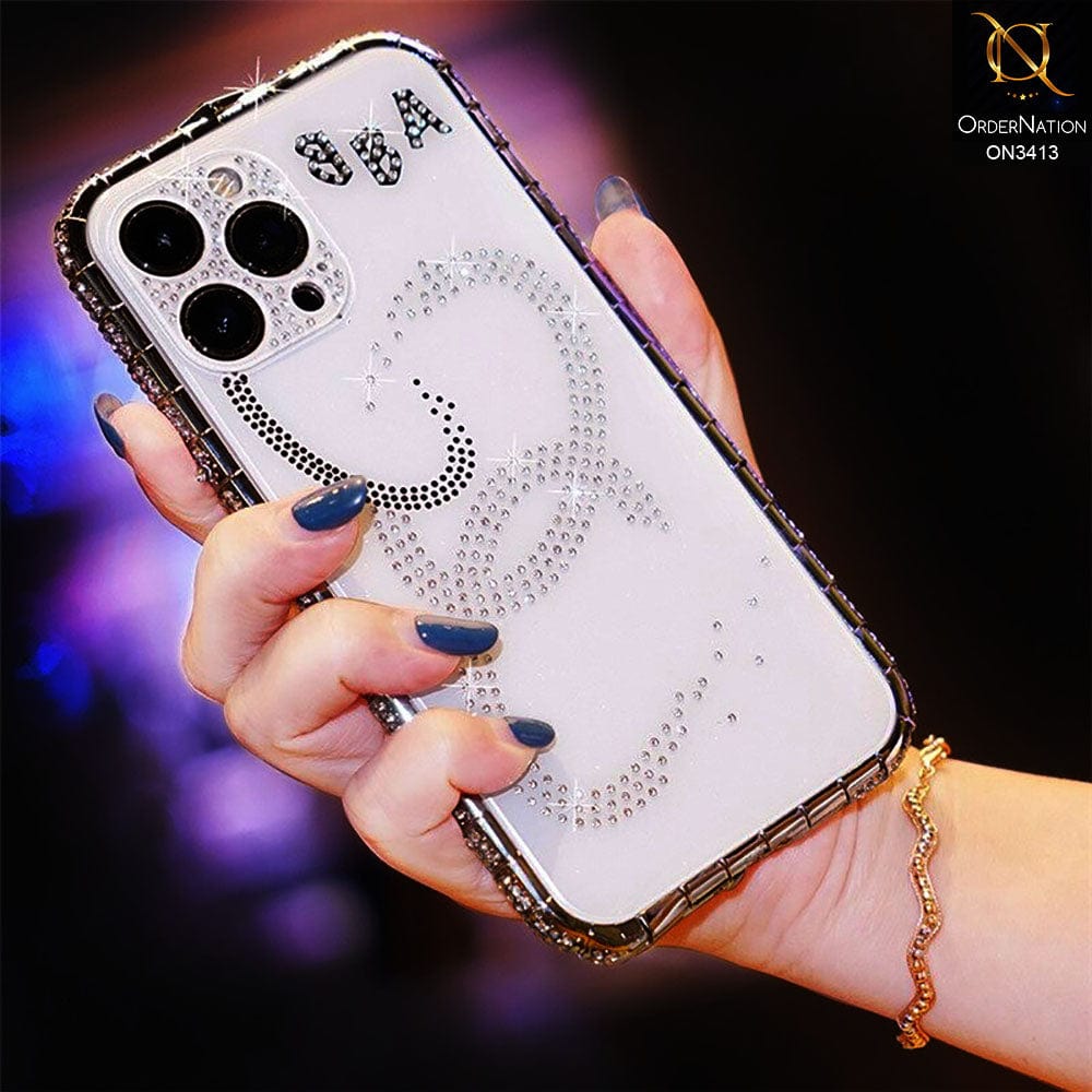 iPhone 13 Pro Max Cover - White - Bling Diamond Rhinestone Crystal Metal Bumper Frame Edge Protective Case with Shiny Sparkle Glitter Semi Soft Back