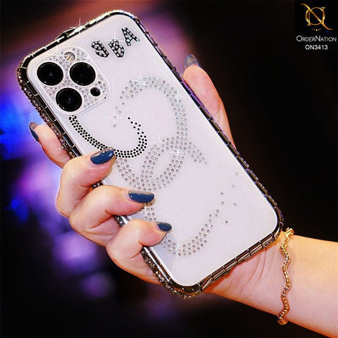 iPhone 13 Pro Max Cover - White - Bling Diamond Rhinestone Crystal Metal Bumper Frame Edge Protective Case with Shiny Sparkle Glitter Semi Soft Back