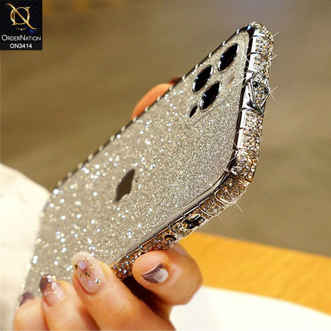 iPhone 13 Pro Max Cover - Rose Gold - Bling Diamond Rhinestone Crystal Metal Bumper Frame Edge Protective Case with Shiny Sparkle Glitter Steacker Front&Back