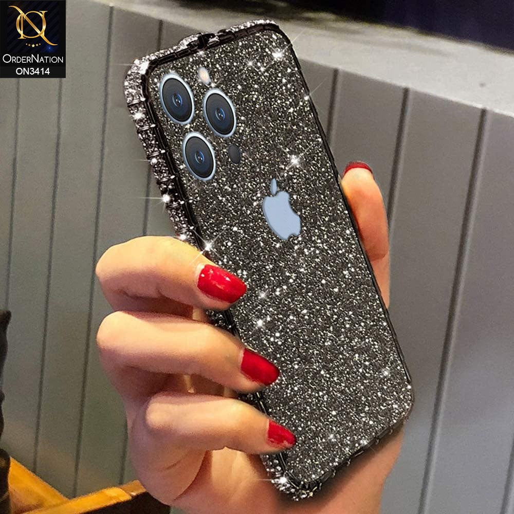 iPhone 13 Pro Max Cover - Black - Bling Diamond Rhinestone Crystal Metal Bumper Frame Edge Protective Case with Shiny Sparkle Glitter Steacker Front&Back