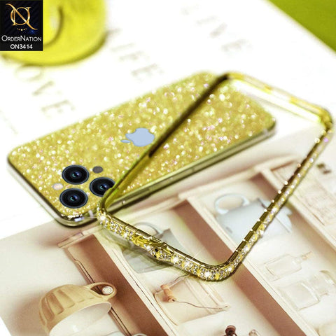 iPhone 13 Pro Max Cover - Golden - Bling Diamond Rhinestone Crystal Metal Bumper Frame Edge Protective Case with Shiny Sparkle Glitter Steacker Front&Back