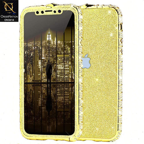 iPhone 13 Pro Max Cover - Golden - Bling Diamond Rhinestone Crystal Metal Bumper Frame Edge Protective Case with Shiny Sparkle Glitter Steacker Front&Back