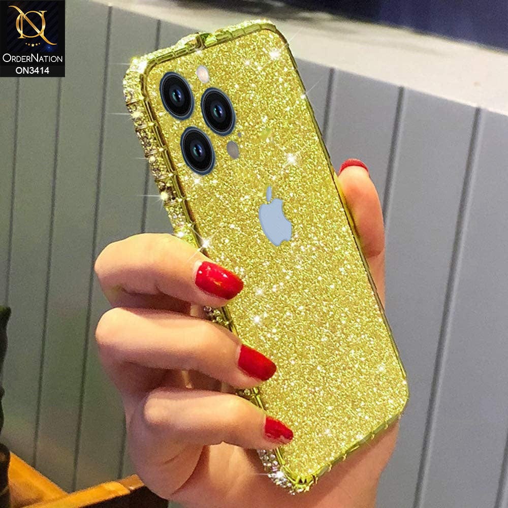 iPhone 13 Pro Max Cover - Golden - Bling Diamond Rhinestone Crystal Metal Bumper Frame Edge Protective Case with Shiny Sparkle Glitter Steacker Front&Back