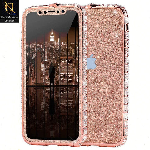 iPhone 13 Pro Max Cover - Rose Gold - Bling Diamond Rhinestone Crystal Metal Bumper Frame Edge Protective Case with Shiny Sparkle Glitter Steacker Front&Back