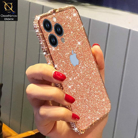 iPhone 13 Pro Max Cover - Rose Gold - Bling Diamond Rhinestone Crystal Metal Bumper Frame Edge Protective Case with Shiny Sparkle Glitter Steacker Front&Back