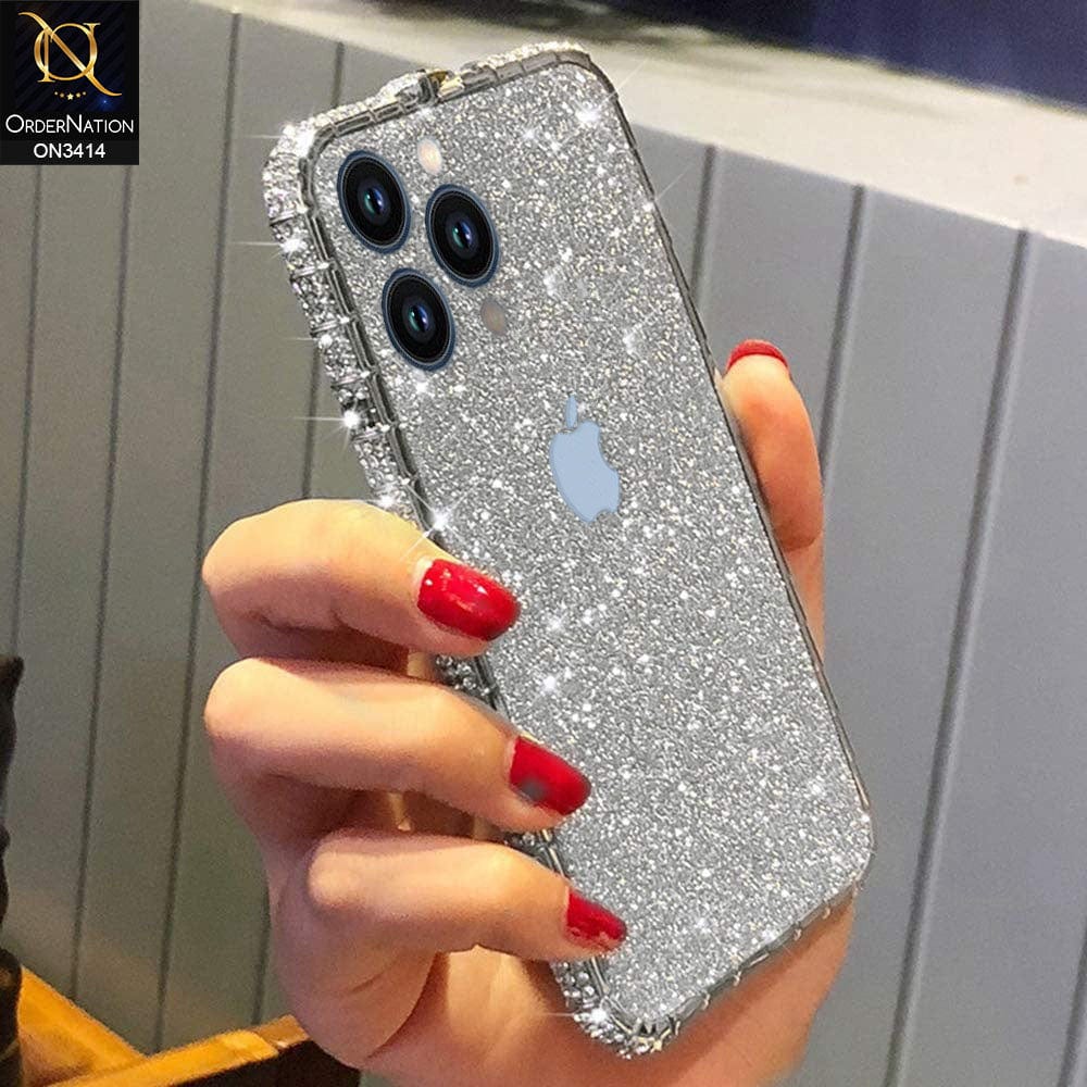 iPhone 13 Pro Max Cover - Silver - Bling Diamond Rhinestone Crystal Metal Bumper Frame Edge Protective Case with Shiny Sparkle Glitter Steacker Front&Back