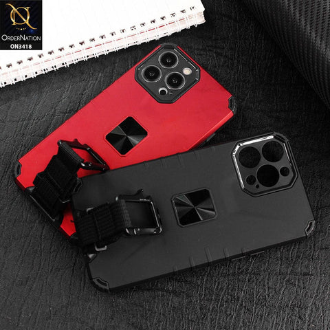 iPhone 13 Pro Max Cover - Red - Heavy Duty Hybrid Anti Knock Shockprof Multi Use Carbiner Holder Protective Case