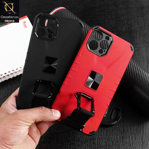 iPhone 13 Pro Max Cover - Red - Heavy Duty Hybrid Anti Knock Shockprof Multi Use Carbiner Holder Protective Case
