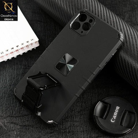 iPhone 11 Pro Max Cover - Black - Heavy Duty Hybrid Anti Knock Shockprof Multi Use Carbiner Holder Protective Case