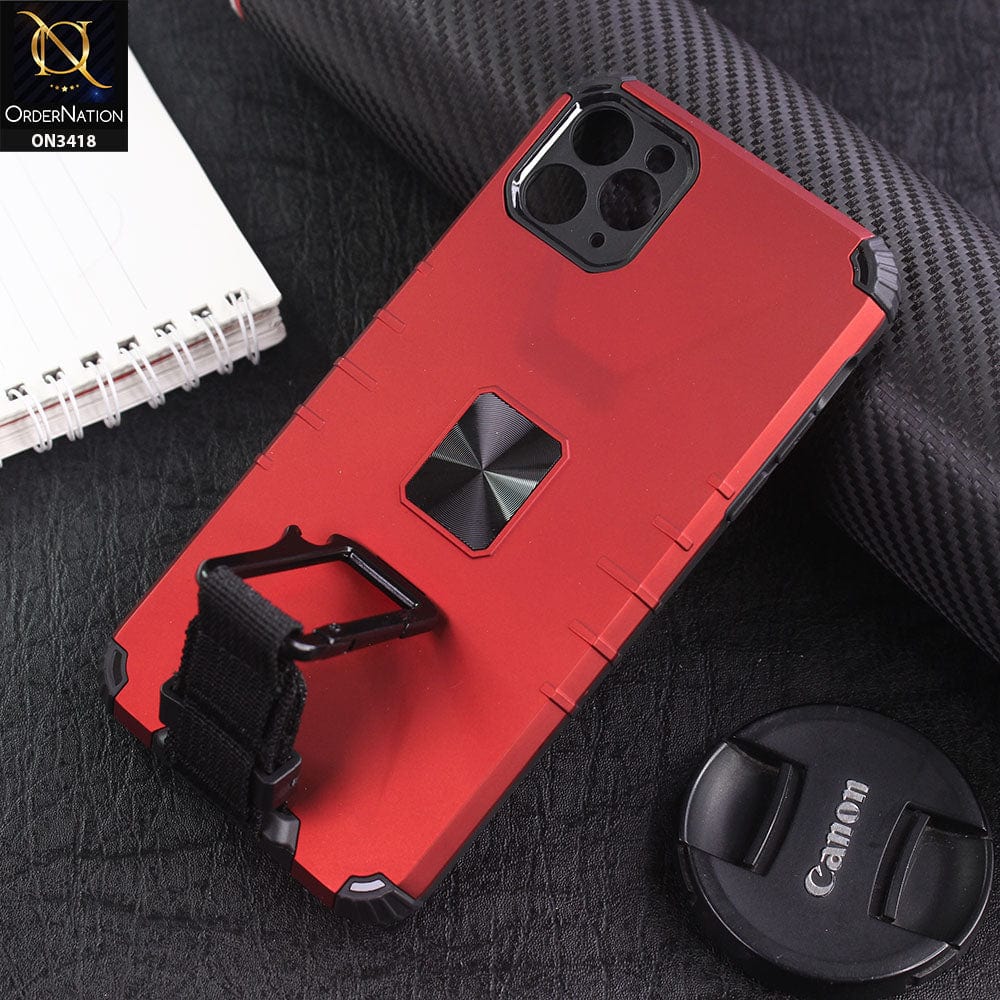 iPhone 11 Pro Max Cover - Red - Heavy Duty Hybrid Anti Knock Shockprof Multi Use Carbiner Holder Protective Case