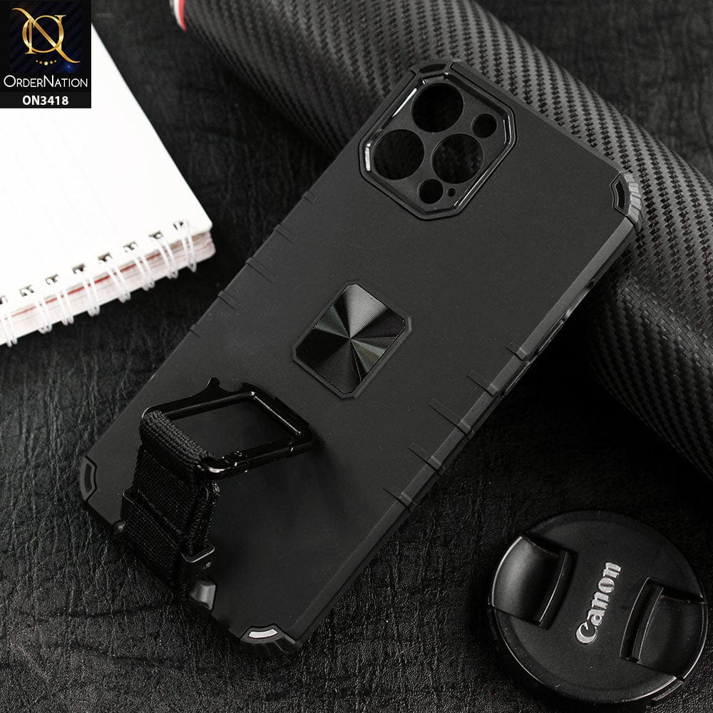 iPhone 13 Pro Max Cover - Black - Heavy Duty Hybrid Anti Knock Shockprof Multi Use Carbiner Holder Protective Case
