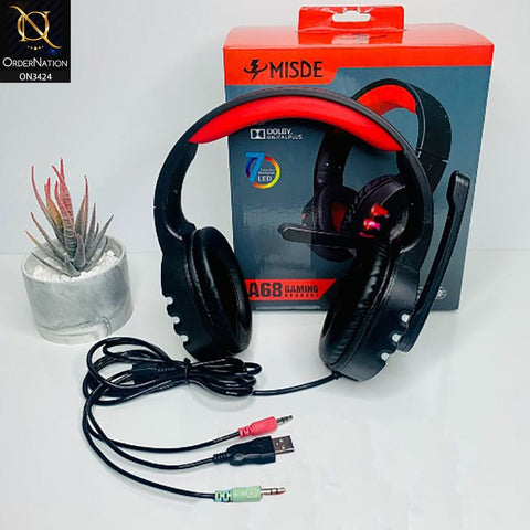 Black&Red - MISDE A68 Gaming Headset Led 7 Colors Dolby Digital Plus on-ear Headphone