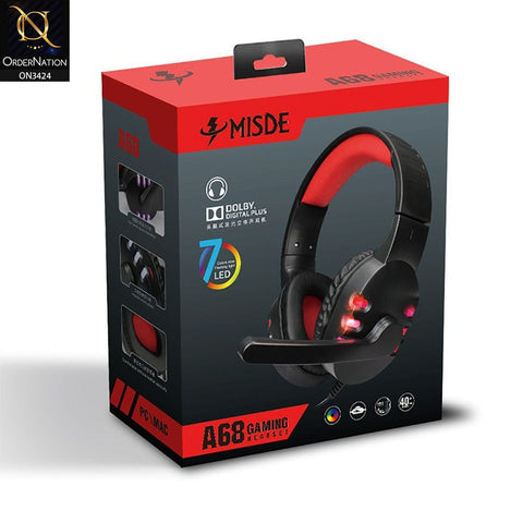 Black&Red - MISDE A68 Gaming Headset Led 7 Colors Dolby Digital Plus on-ear Headphone