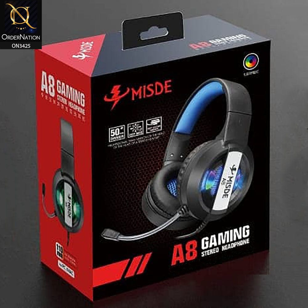 Blue - MISDE A8 Gaming Headset with 7.1 Surround Sound Stereo Noise Canceling Over Ear Headphones with Microphone & Multi LED Light