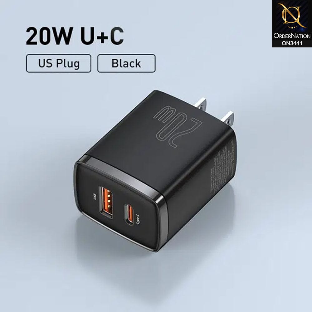 Black - Baseus Ultra-Compact U+C 20W Super Si Fast Charger Support PD 3.0 and QC 3.0