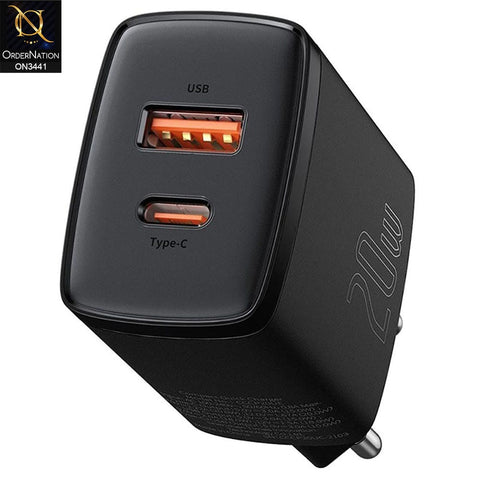 Black - Baseus Ultra-Compact U+C 20W Super Si Fast Charger Support PD 3.0 and QC 3.0