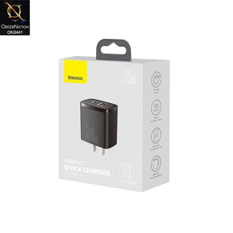 Black - Baseus Ultra-Compact U+C 20W Super Si Fast Charger Support PD 3.0 and QC 3.0
