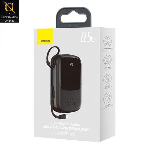 Black - Baseus QPow Digital Display Quick Charge Wired Power Bank 20000mAh (Type C Cable) 22.5W