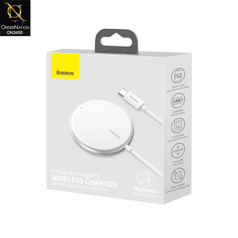 White - Baseus Simple Mini Magnetic Wireless Charger with Type-C Cable 1.5m