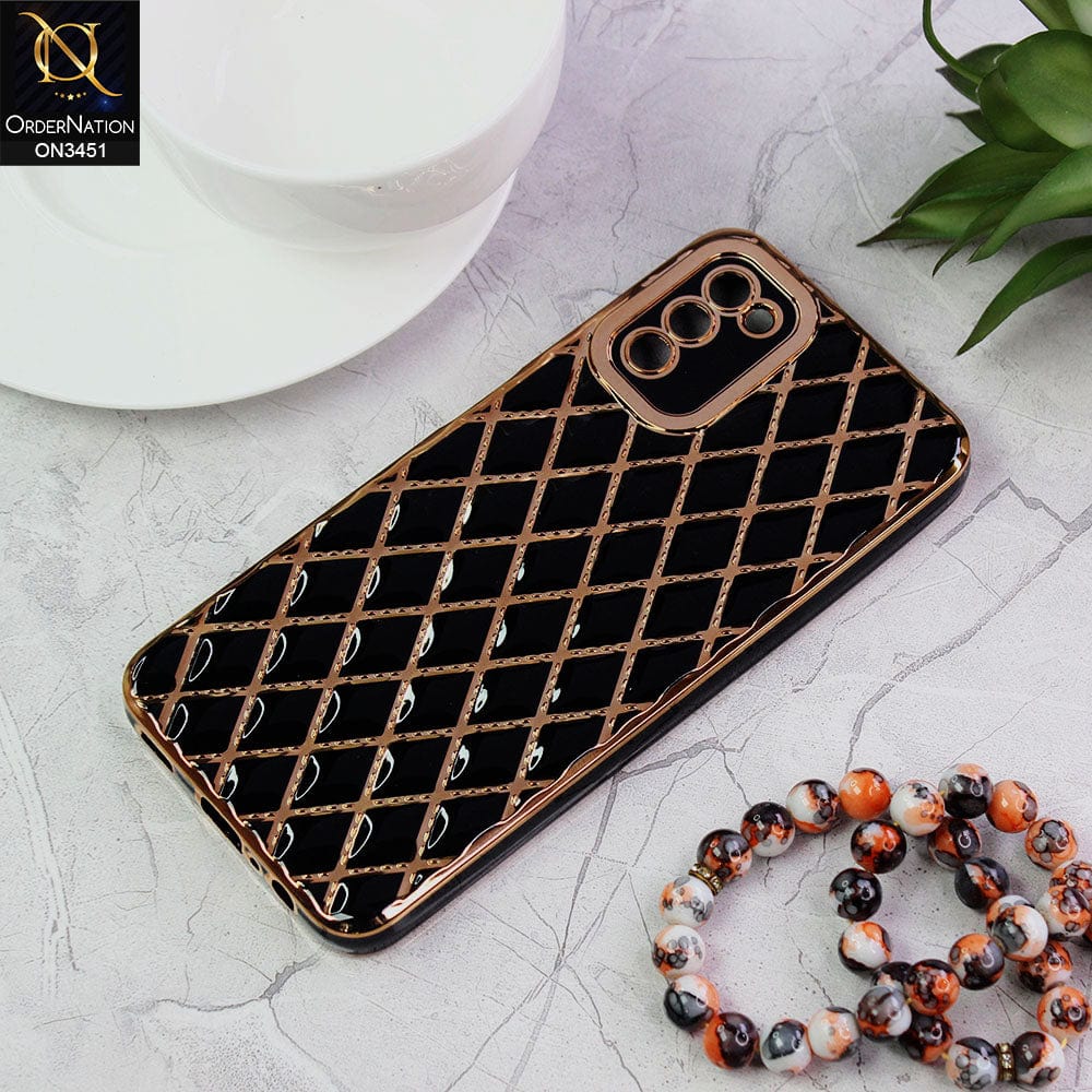Samsung Galaxy A02s Cover - Black - Soft TPU Shiny Electroplated Golden Lines Camera Protection Case