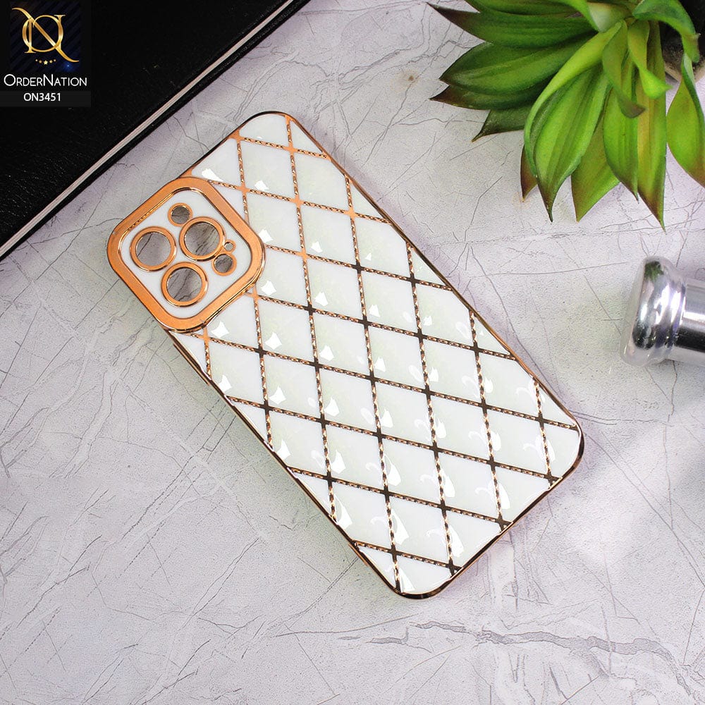 iPhone 12 Pro Cover - White - Soft TPU Shiny Electroplated Golden Lines Camera Protection Case