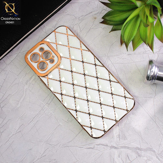 iPhone 12 Pro Cover - White - Soft TPU Shiny Electroplated Golden Lines Camera Protection Case