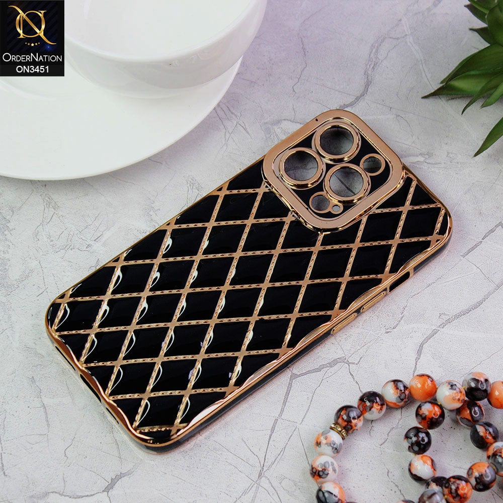 iPhone 13 Pro Cover - Black - Soft TPU Shiny Electroplated Golden Lines Camera Protection Case