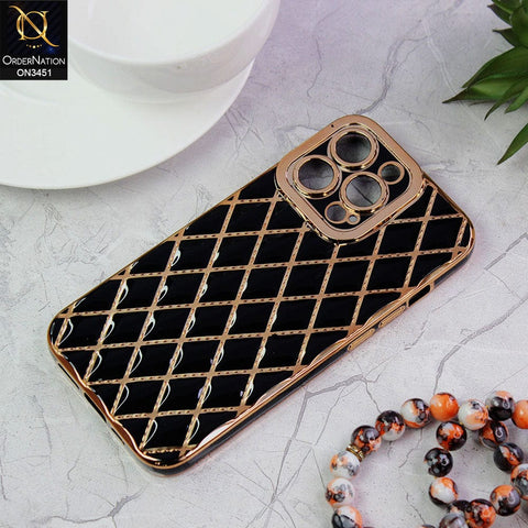 iPhone 13 Pro Cover - Black - Soft TPU Shiny Electroplated Golden Lines Camera Protection Case