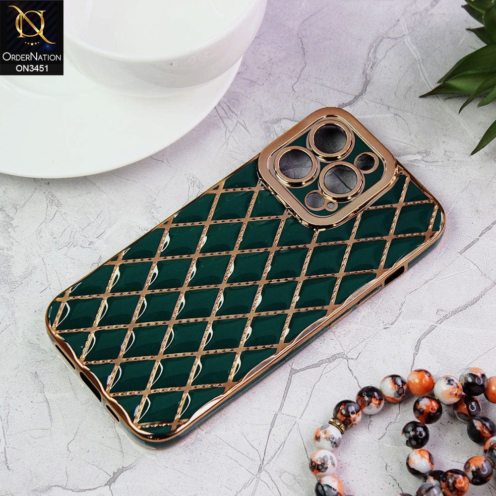 iPhone 13 Pro Max Cover - Green - Soft TPU Shiny Electroplated Golden Lines Camera Protection Case