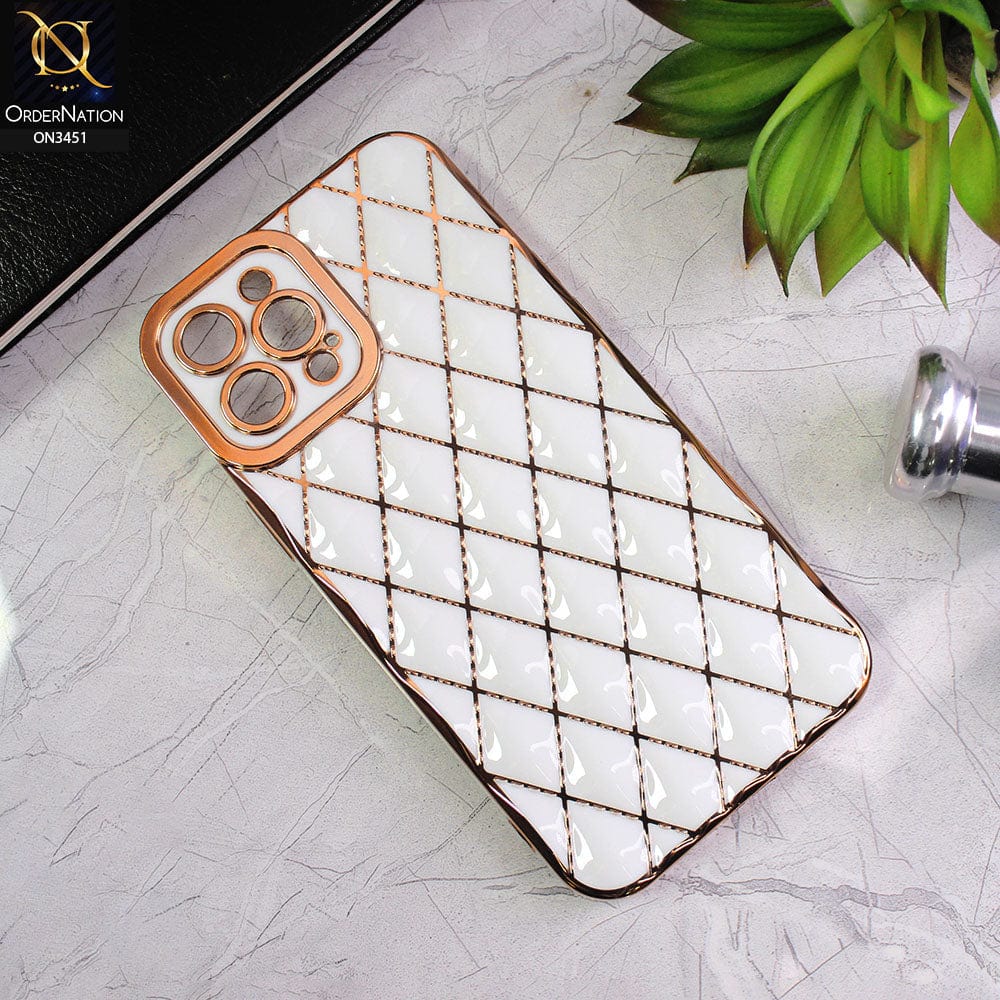 iPhone 13 Pro Max Cover - White - Soft TPU Shiny Electroplated Golden Lines Camera Protection Case