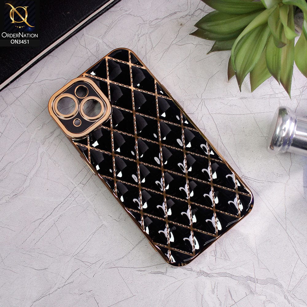 iPhone 14 Cover - Black - Soft TPU Shiny Electroplated Golden Lines Camera Protection Case