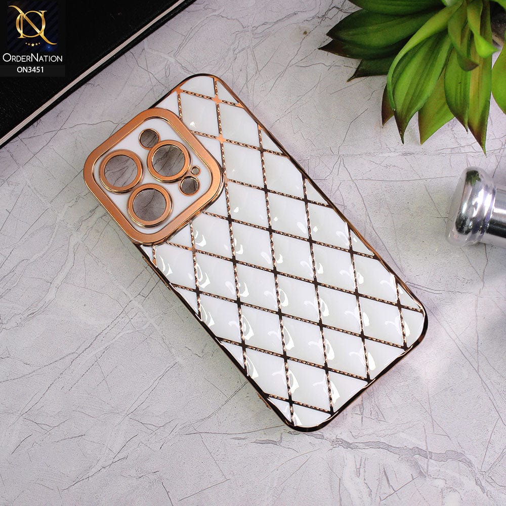 iPhone 14 Pro Cover - White - Soft TPU Shiny Electroplated Golden Lines Camera Protection Case