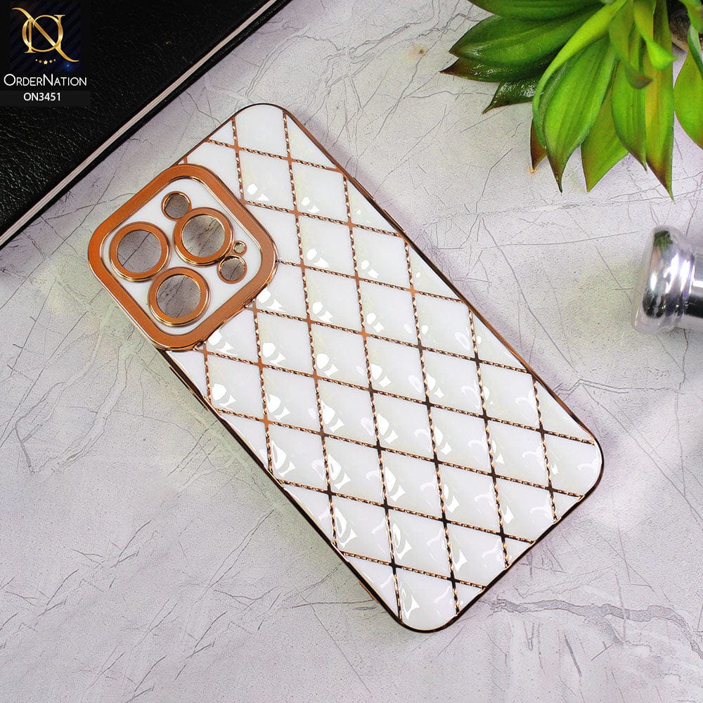 iPhone 14 Pro Max Cover - White - Soft TPU Shiny Electroplated Golden Lines Camera Protection Case