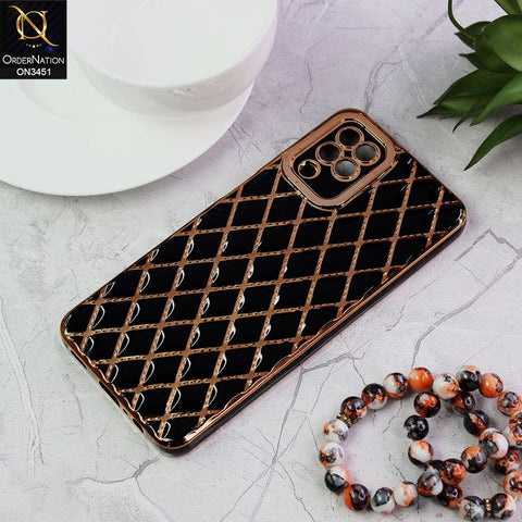 Samsung Galaxy A12 Nacho Cover - Black - Soft TPU Shiny Electroplated Golden Lines Camera Protection Case