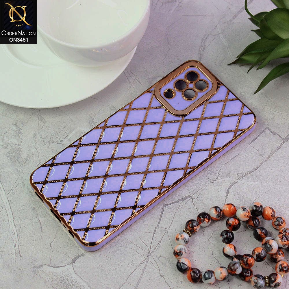 Samsung Galaxy A12 Cover - Purple - Soft TPU Shiny Electroplated Golden Lines Camera Protection Case